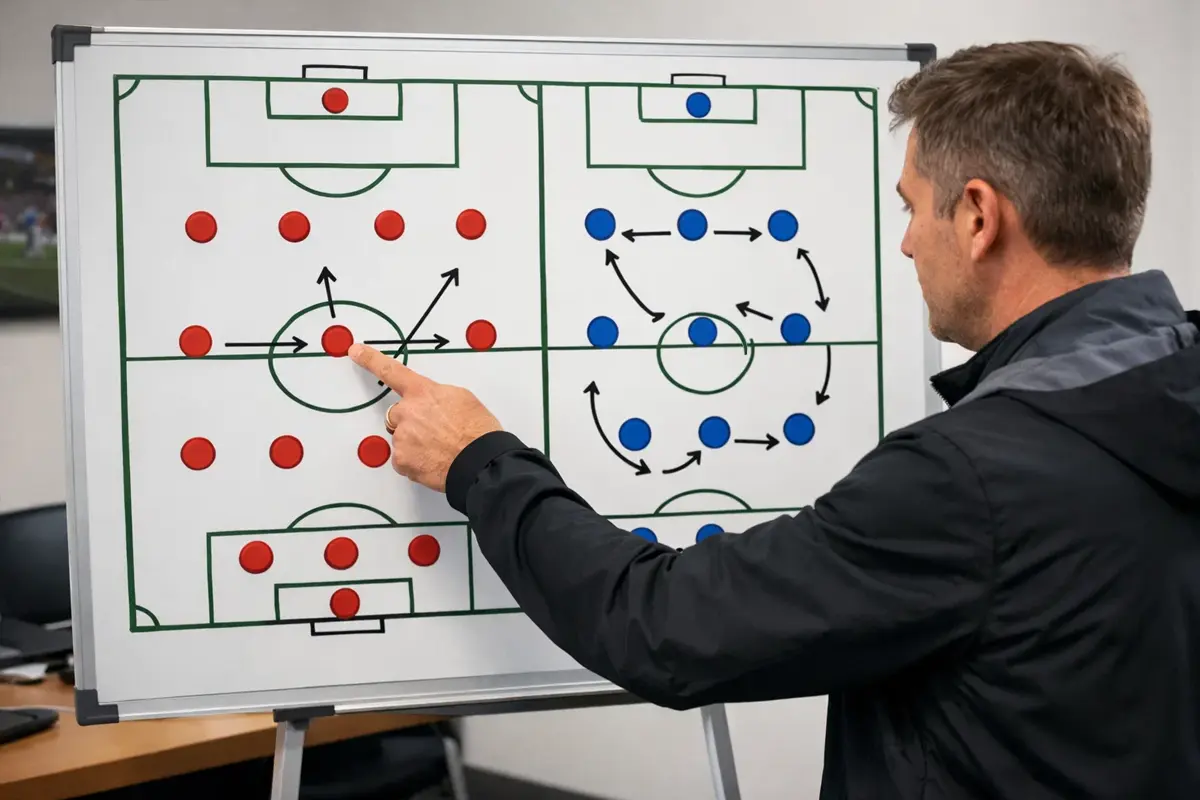Entrenador de fútbol revisando táctica y formaciones en una pizarra