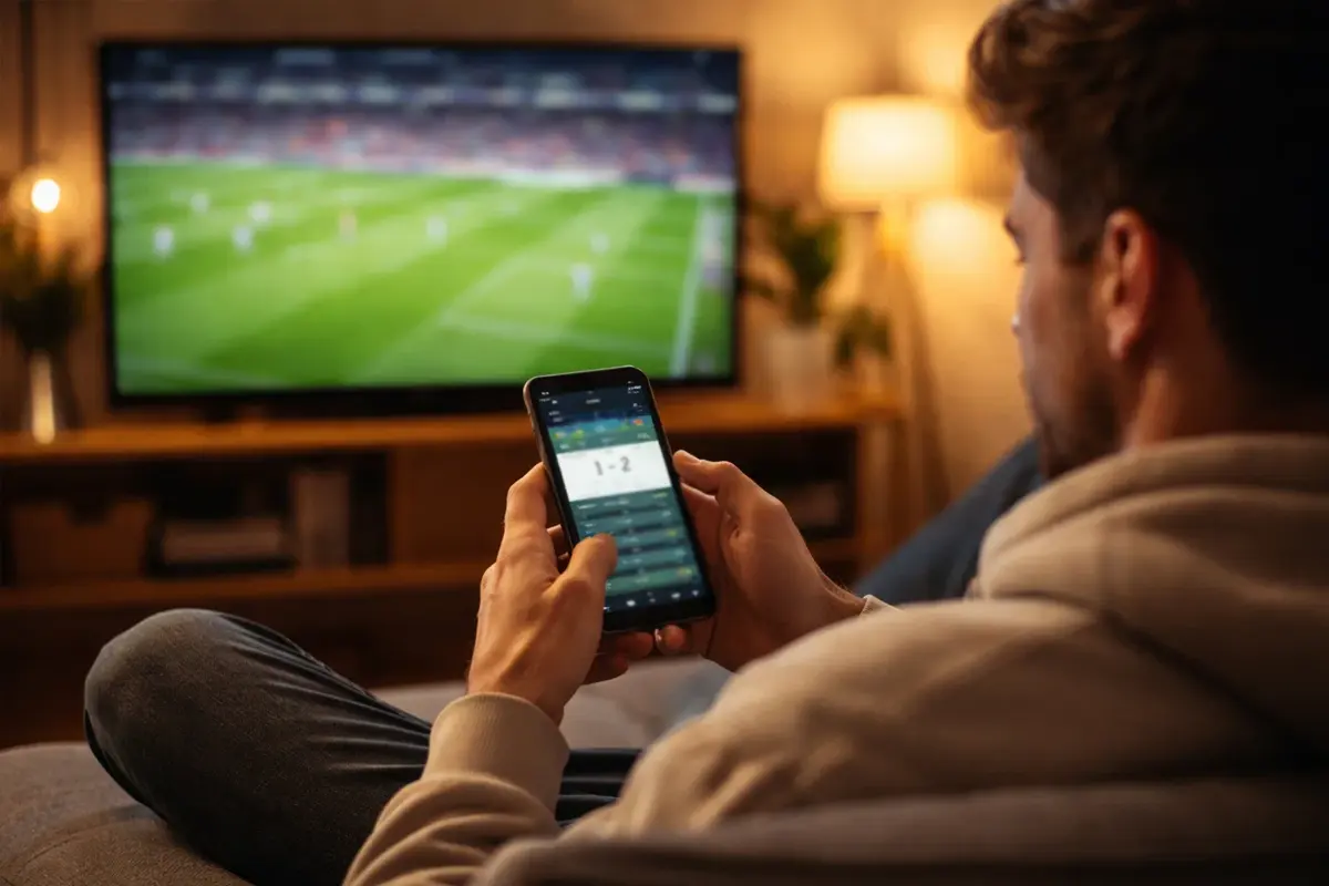 Aficionado usando aplicación móvil mientras ve un partido de fútbol en casa