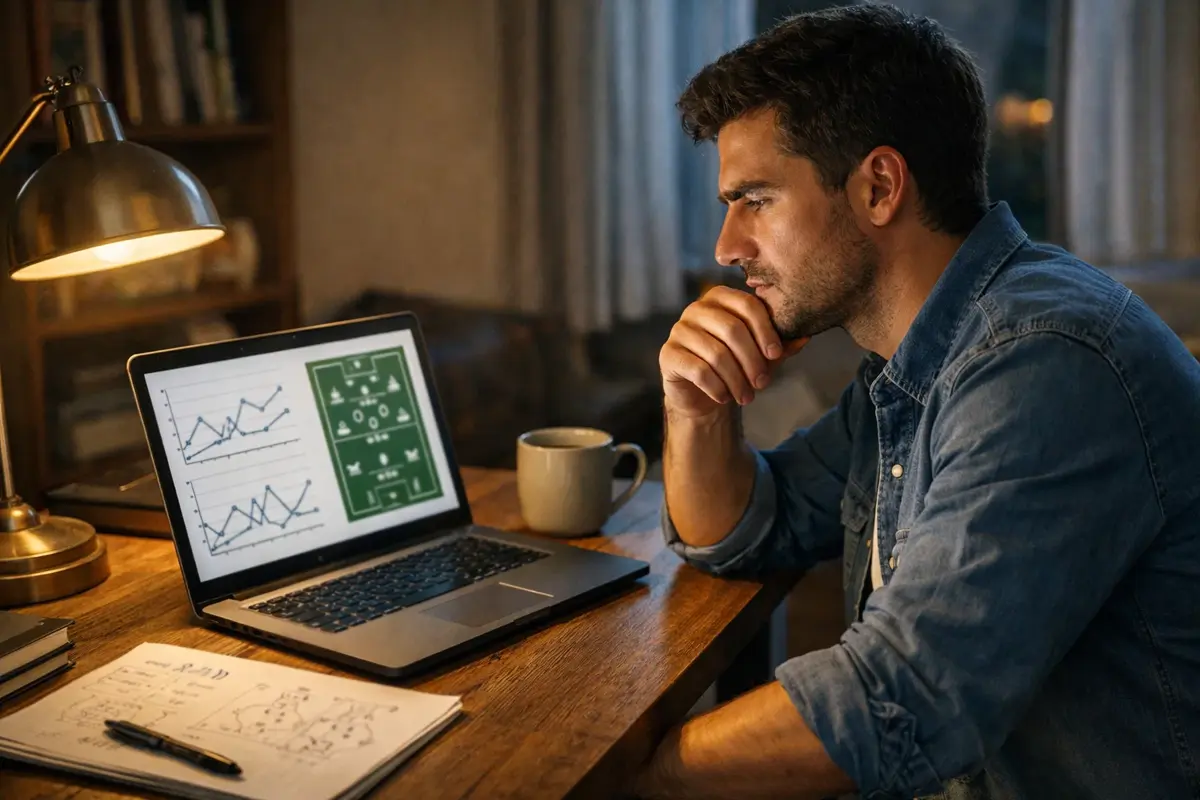 Persona analizando estadísticas de partidos de fútbol en un portátil con notas escritas