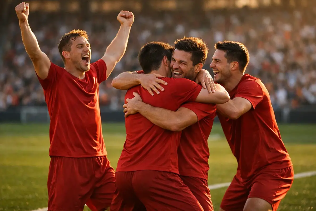 Celebración de gol en un partido de fútbol con jugadores abrazándose