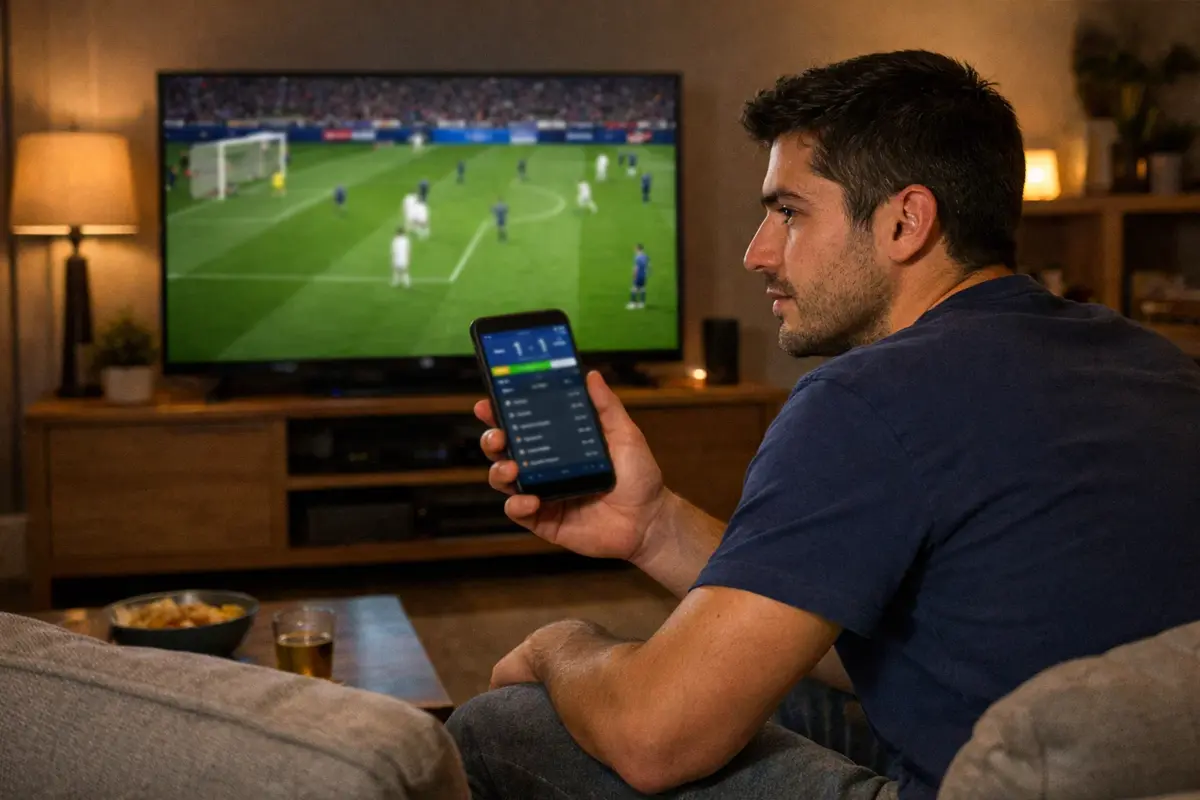 Aficionado viendo un partido de fútbol en televisión mientras consulta su móvil