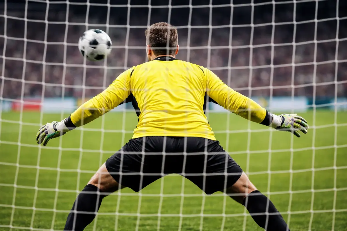 Portero preparándose para defender un disparo durante un partido de liga