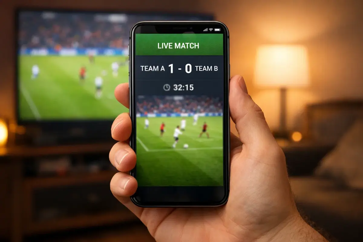 Mano sosteniendo smartphone con aplicación de deportes mostrando partido en vivo