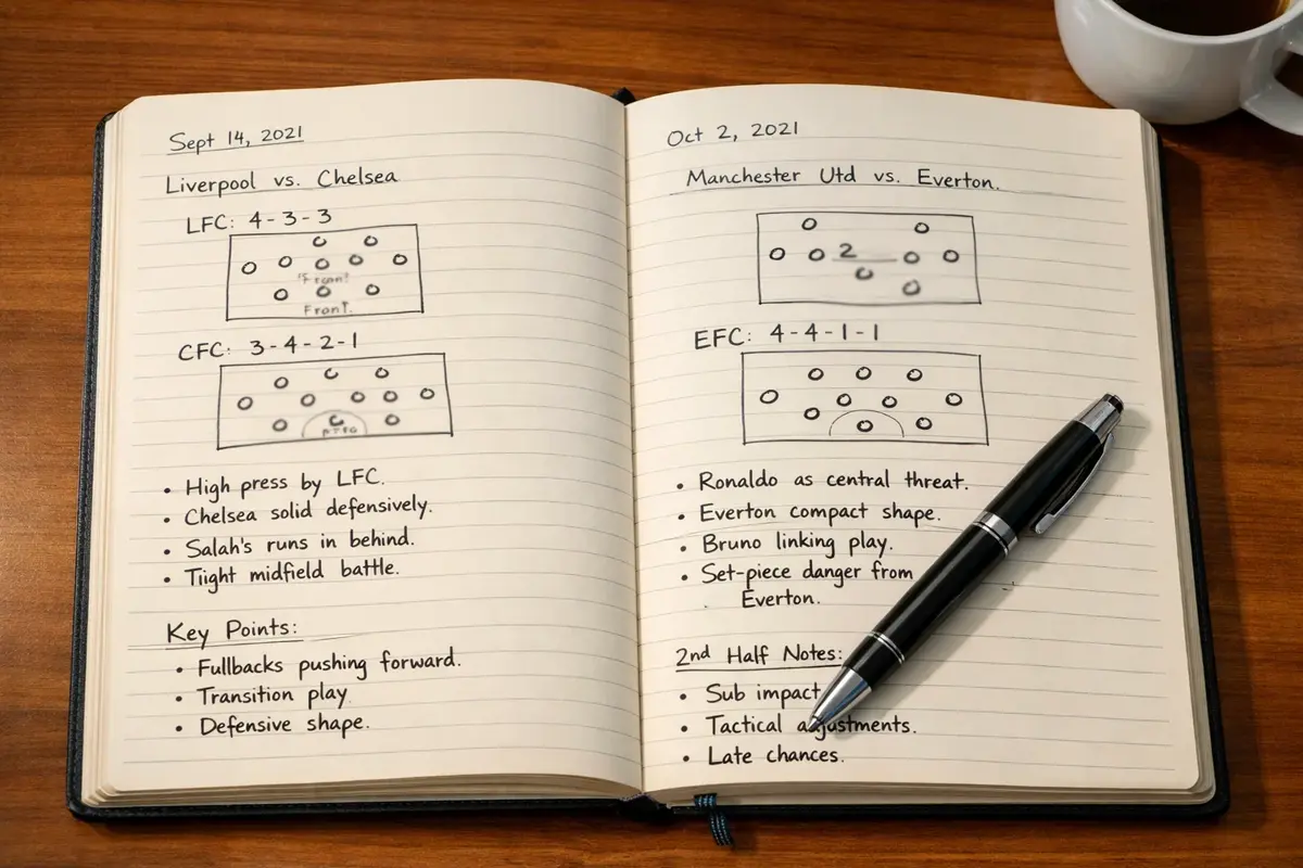 Cuaderno abierto con anotaciones manuscritas de análisis de partidos