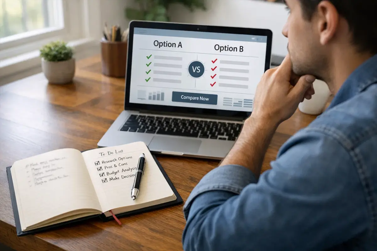 Persona comparando opciones en su portátil con bloc de notas al lado