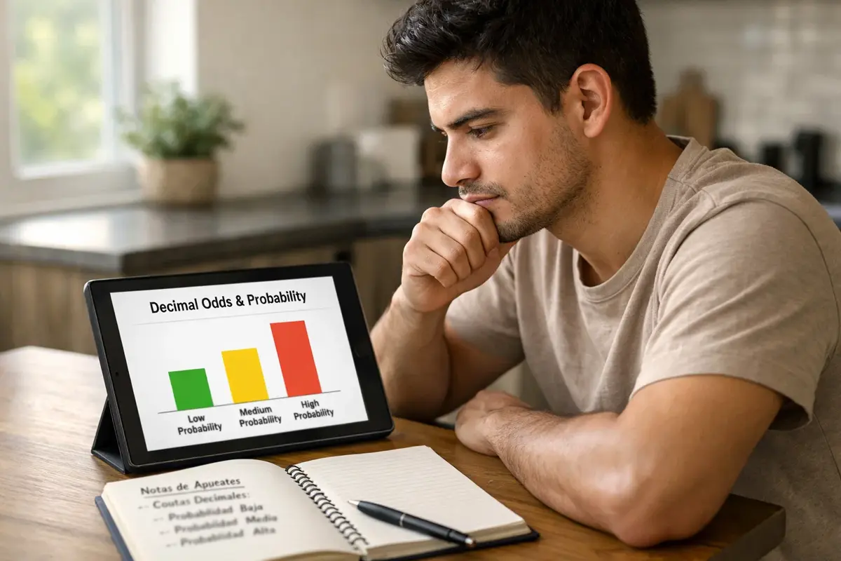Hombre joven estudiando cuotas decimales en una tablet con gráficos de probabilidades