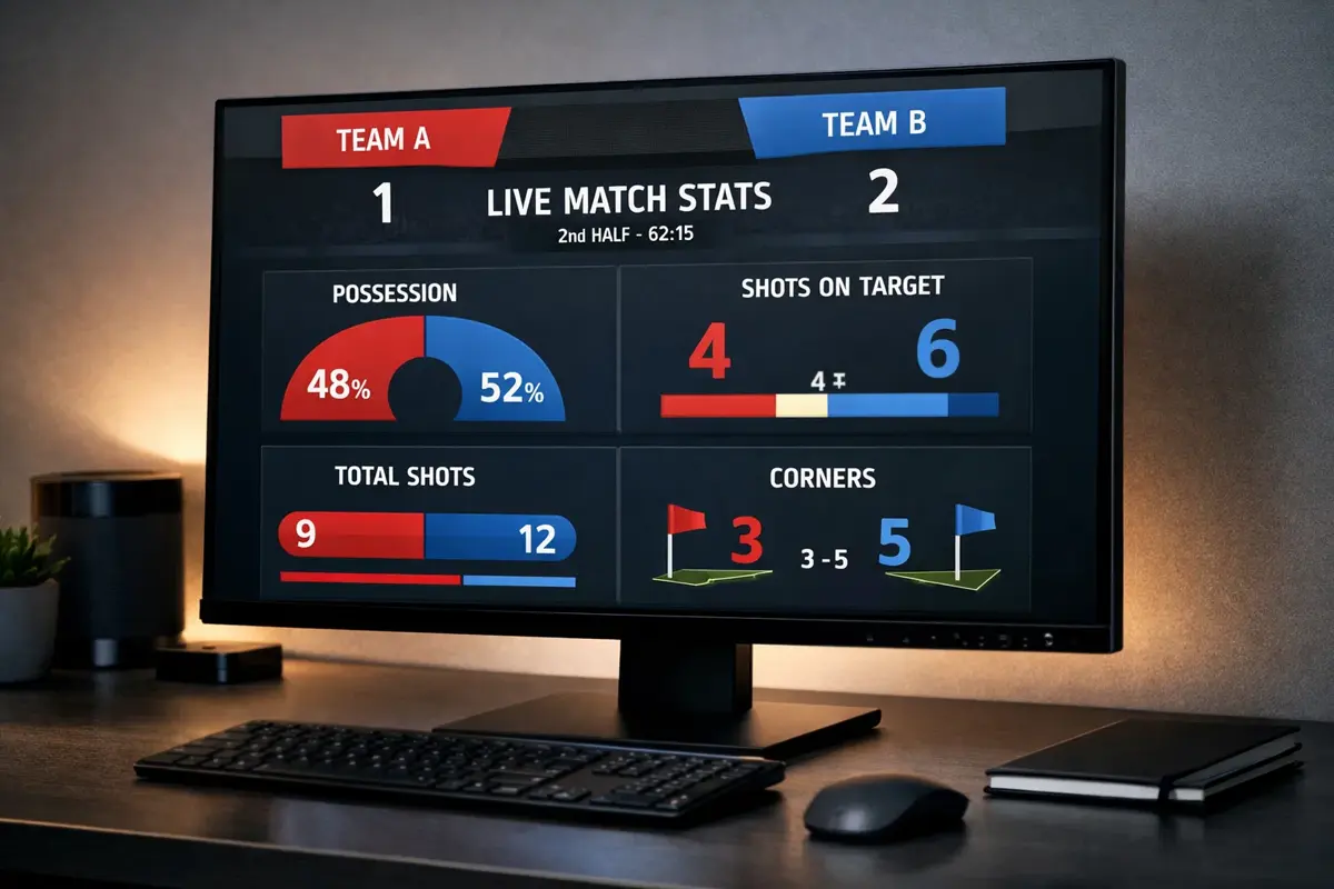 Pantalla mostrando estadísticas de un partido de fútbol en tiempo real