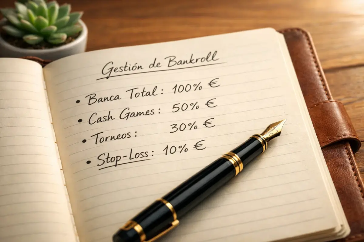 Cuaderno con anotaciones de gestión de bankroll junto a un bolígrafo y símbolo de euro