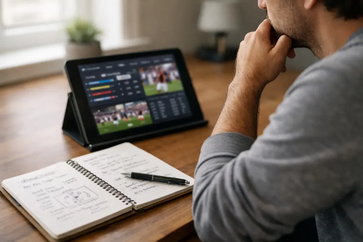 Persona revisando estadísticas de fútbol en una tablet con bloc de notas