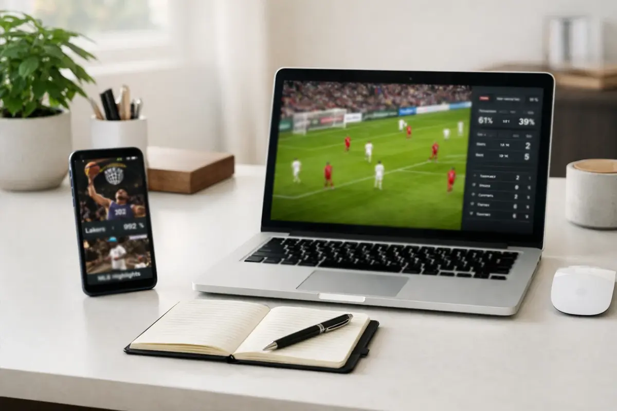 Escritorio organizado con smartphone y portátil mostrando contenido deportivo