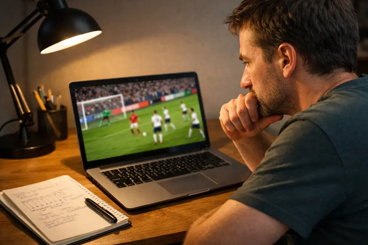 Persona concentrada analizando un partido de fútbol en directo desde su ordenador