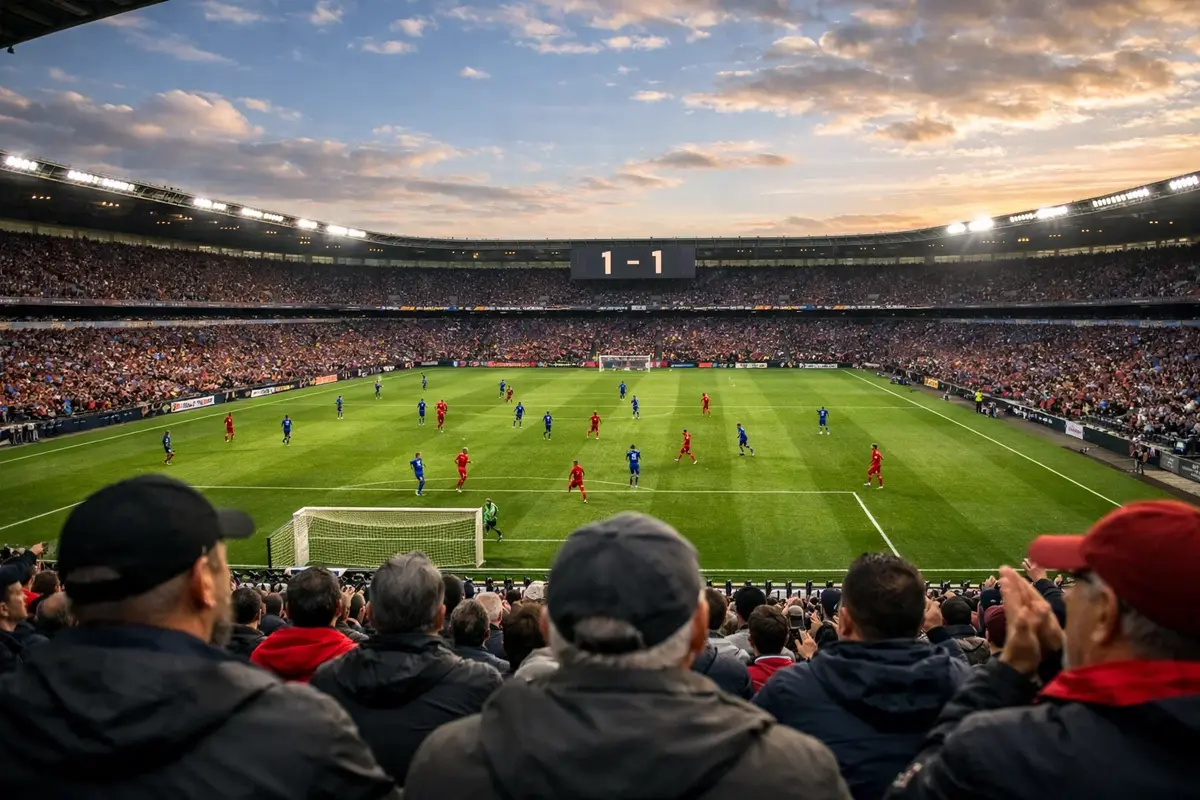 Vista panorámica de un partido de fútbol desde las gradas con marcador visible