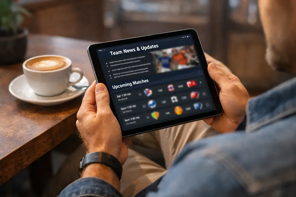 Persona revisando información deportiva en tablet con café al lado