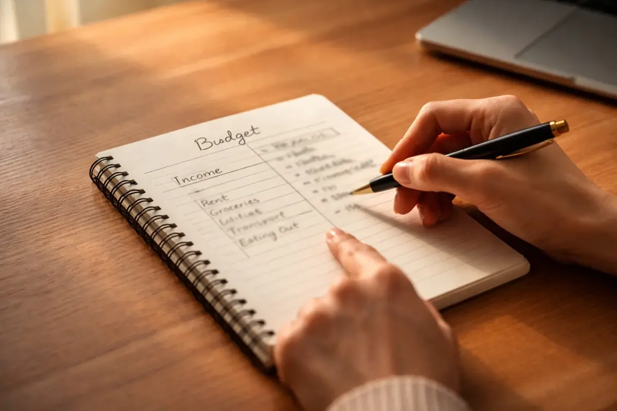 Persona organizando su presupuesto de apuestas con una libreta y notas escritas