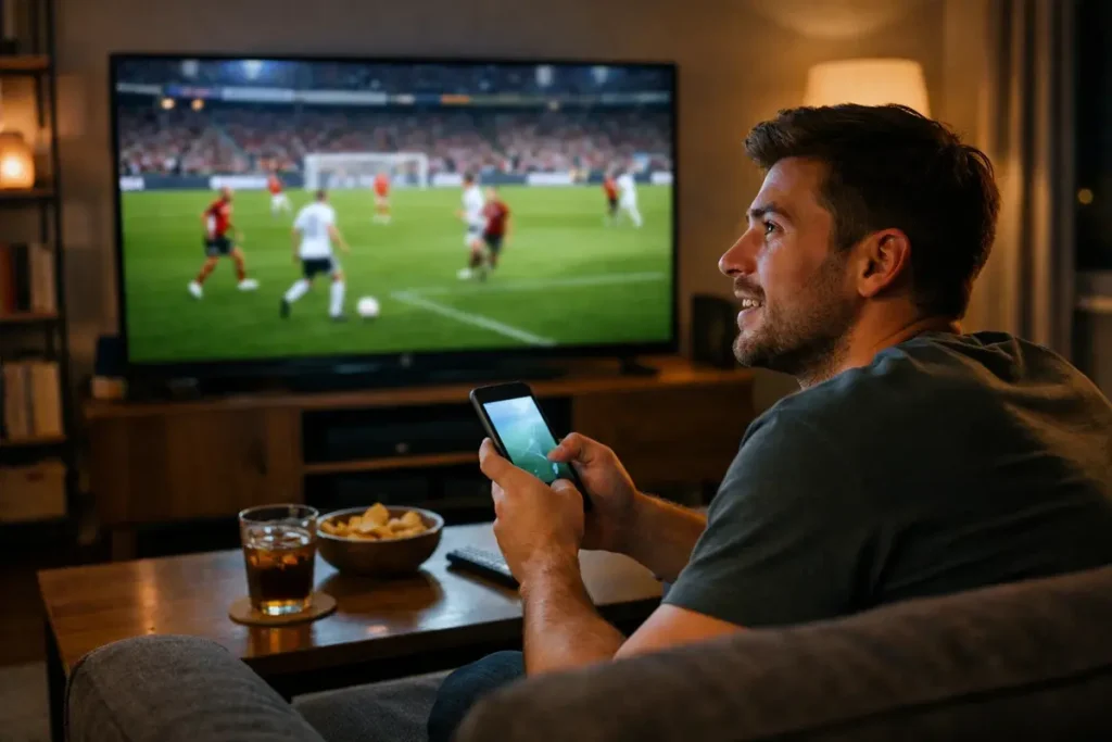 Aficionado viendo un partido de fútbol en vivo en televisión con smartphone en mano