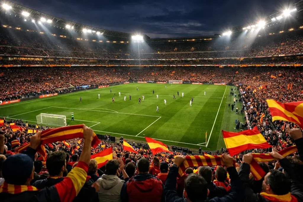 Estadio de fútbol español lleno de aficionados durante un partido de liga