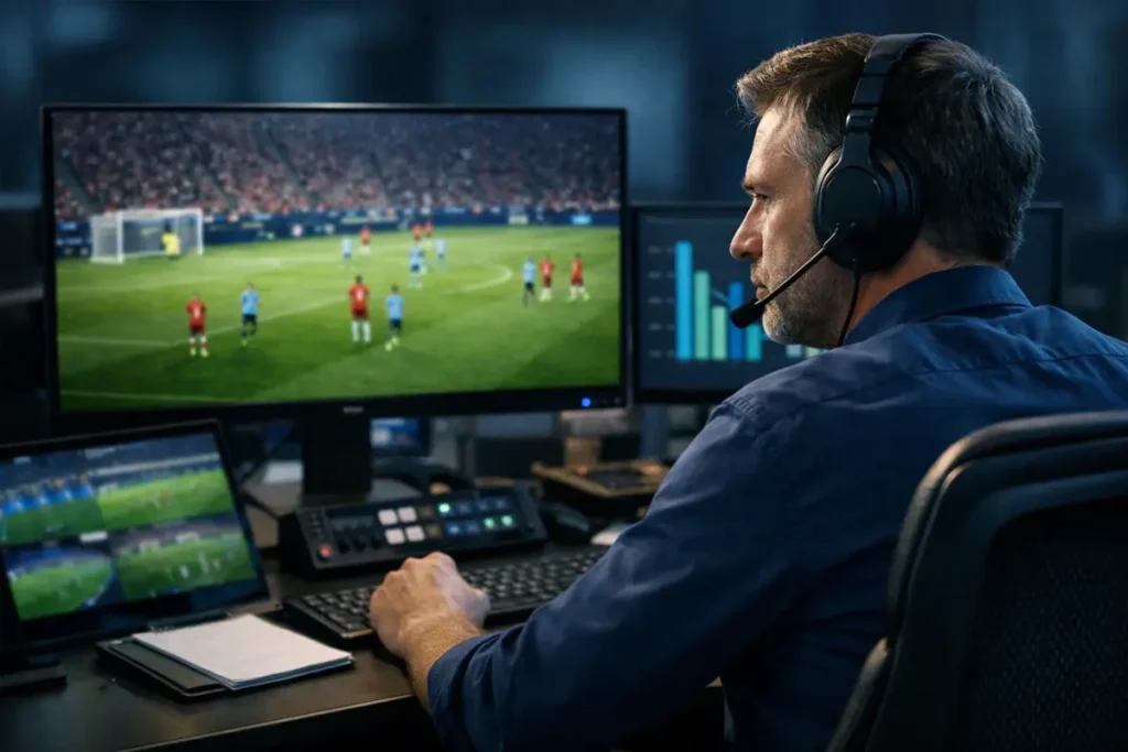 Analista deportivo estudiando partidos de fútbol con múltiples pantallas mostrando estadísticas