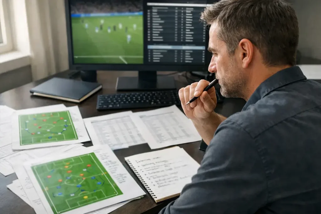 Analista deportivo estudiando formaciones de fútbol con documentos y pantalla