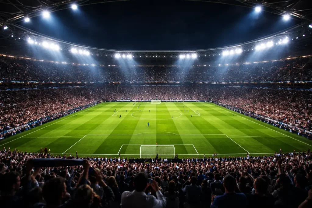 Estadio de fútbol lleno de aficionados durante un partido nocturno con iluminación espectacular