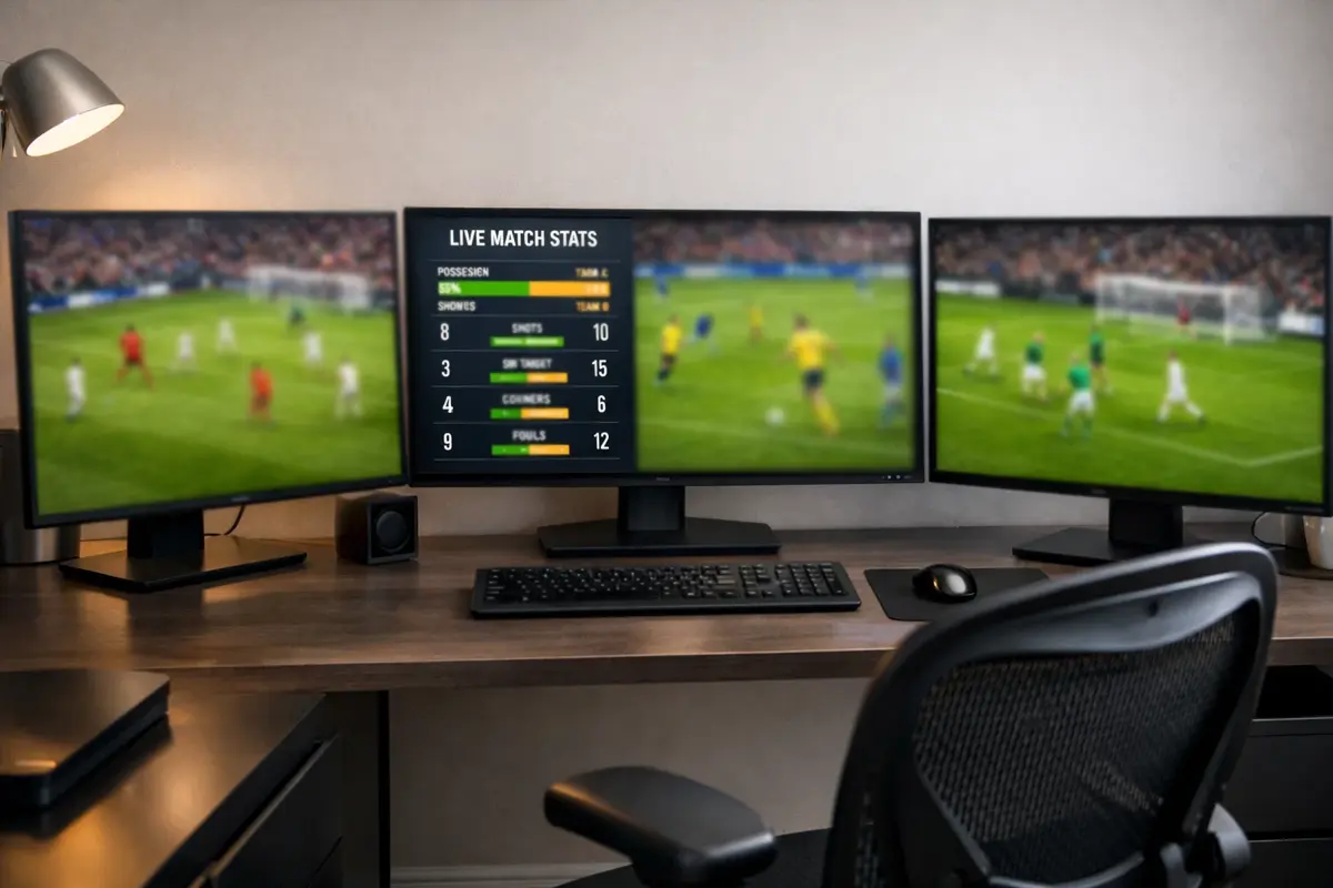 Configuración de escritorio con múltiples pantallas mostrando partidos de fútbol