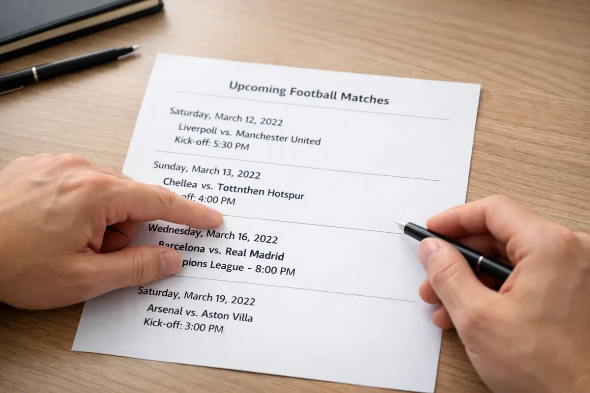 Manos señalando datos en una hoja impresa con información de partidos