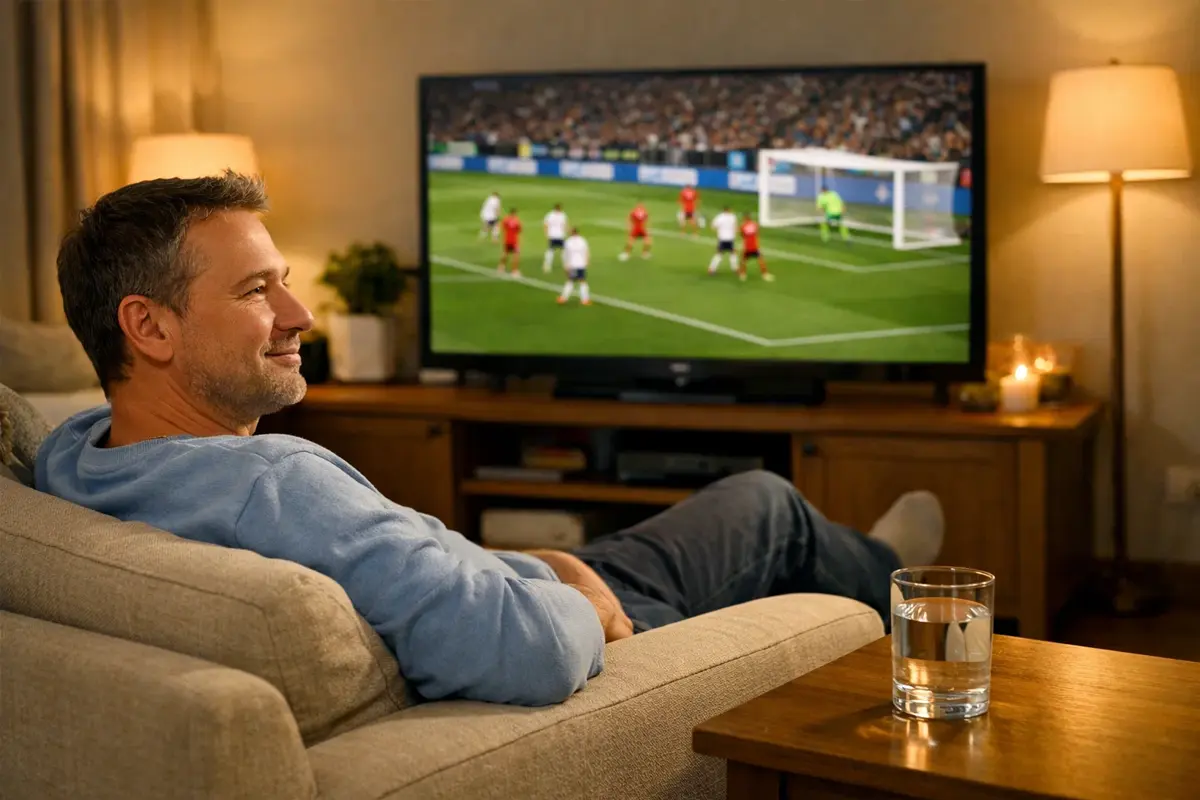 Persona relajada viendo fútbol en televisión con actitud tranquila y controlada