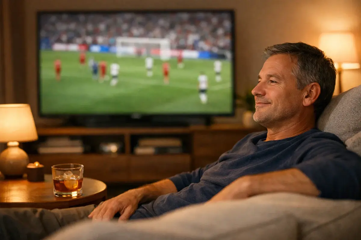 Persona relajada viendo un partido de fútbol en televisión con actitud serena