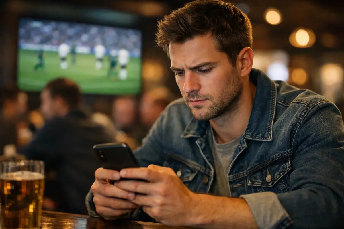 Aficionado analizando opciones de apuesta en su móvil antes de un partido de fútbol