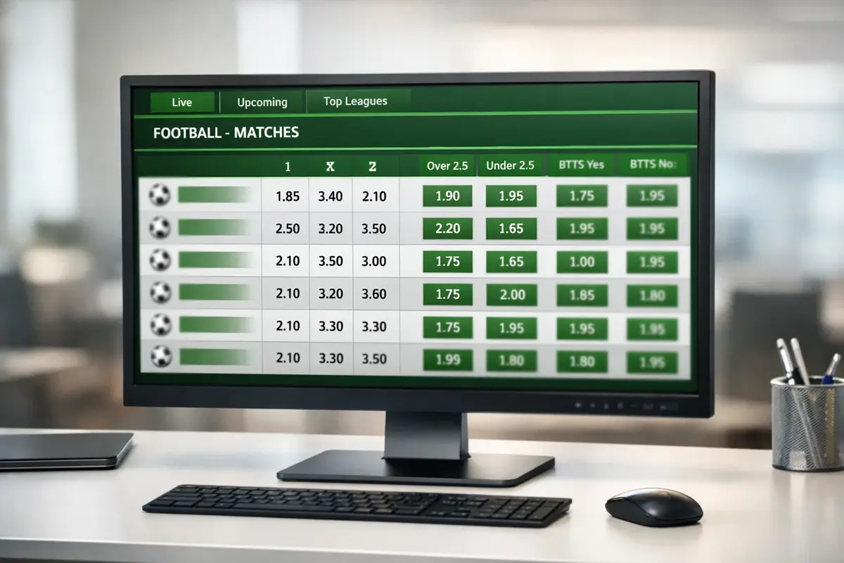 Pantalla mostrando diferentes mercados de apuestas con cuotas de partidos de fútbol