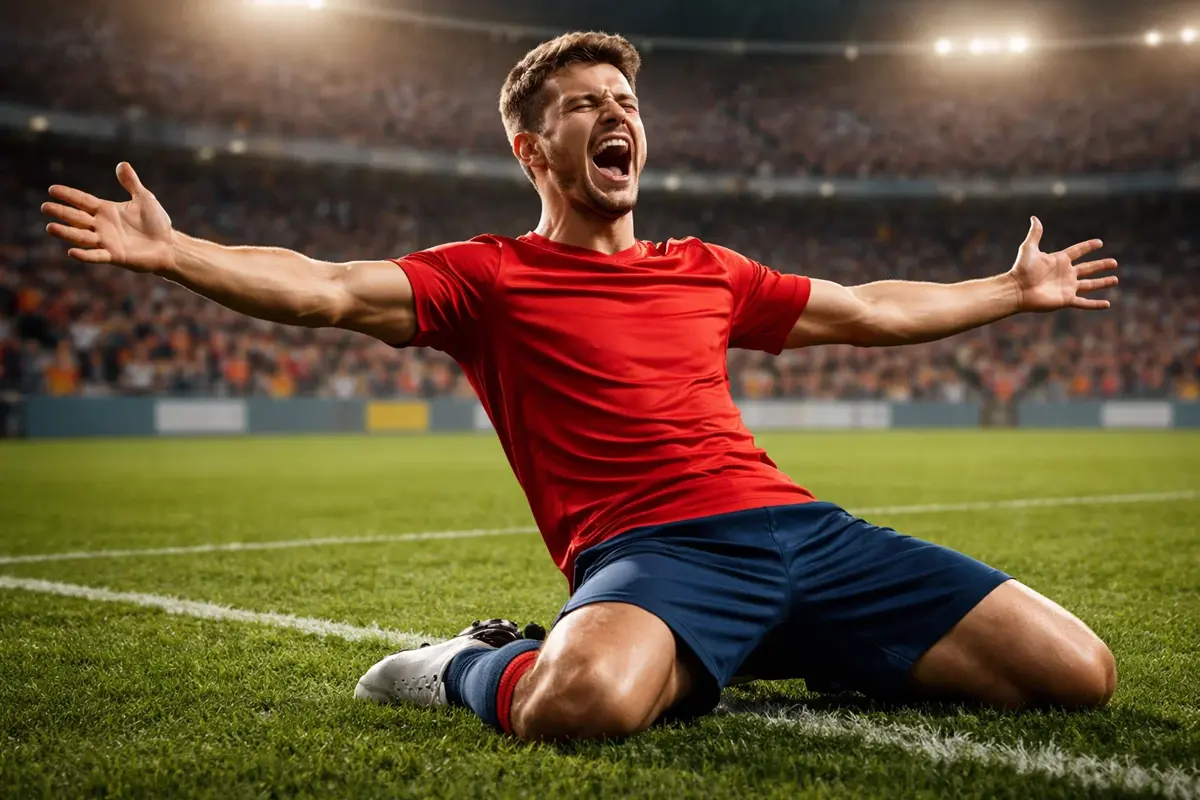 Jugador de fútbol celebrando un gol con los brazos abiertos en el campo