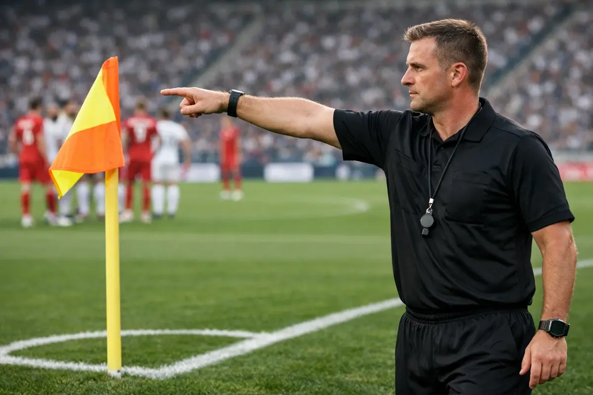 Árbitro señalando un córner durante un partido de fútbol profesional
