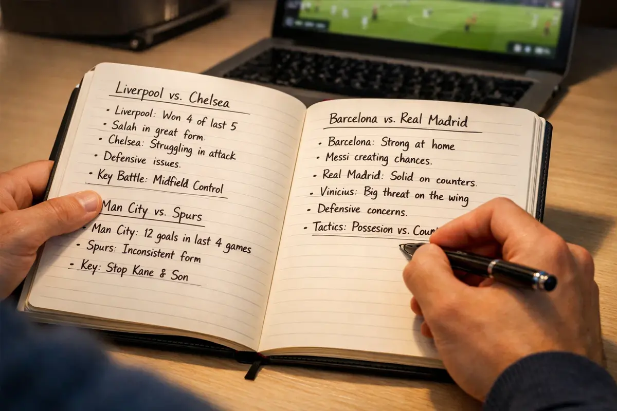 Persona escribiendo análisis deportivo en cuaderno con estadísticas visibles