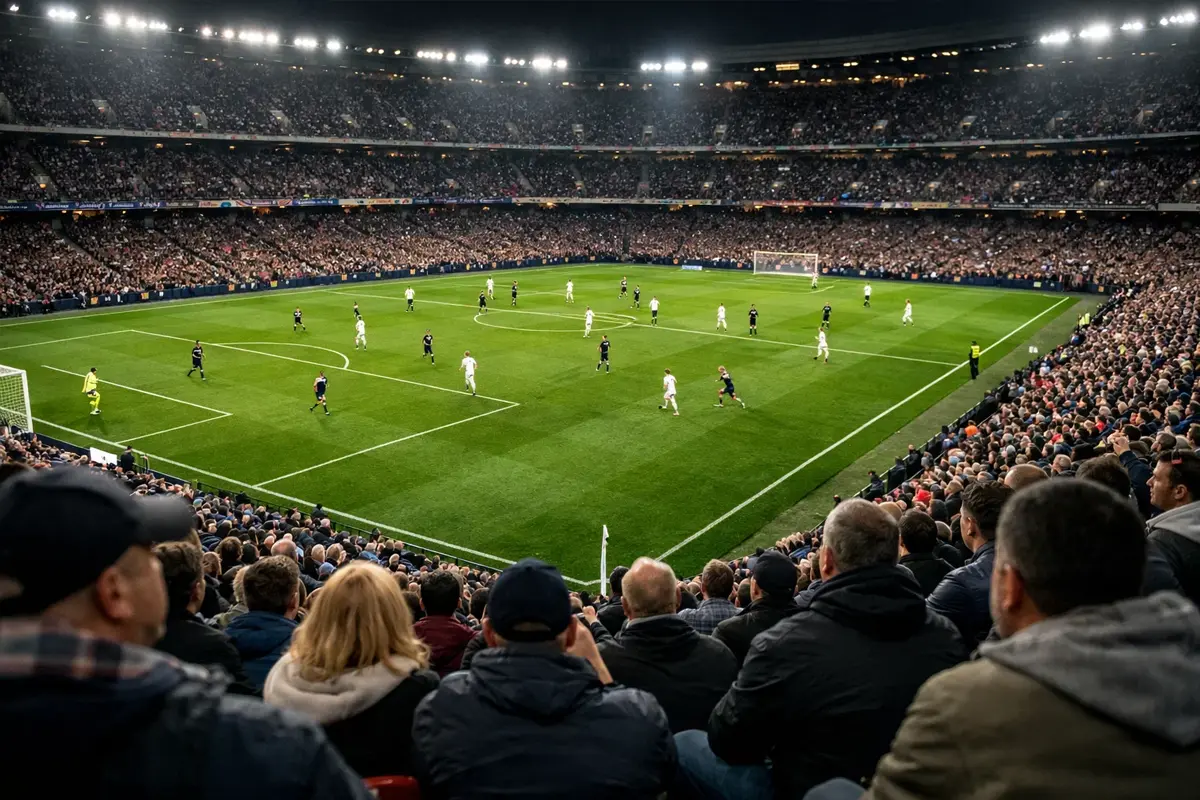 Vista de un partido de fútbol desde las gradas con ambiente de estadio lleno
