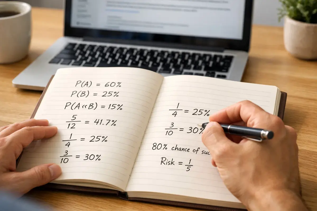 Manos escribiendo cálculos de probabilidades en un cuaderno junto a un portátil